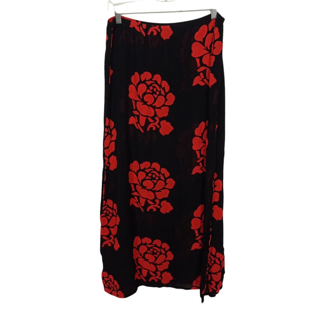 Chico's Black Midi Skirt with Red Floral Design